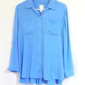 Chicos Womens Sz 12 Blue Fairy Career Viscose Rayon Roll Tab Sleeves Tunic Top